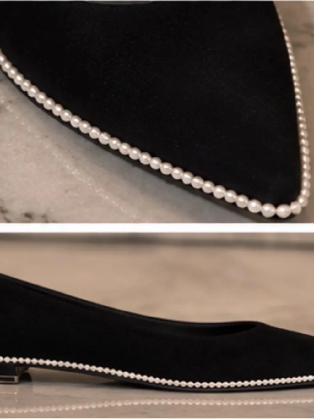 Rene Caovilla Black Suede Pointed-Toe Flats with pearl